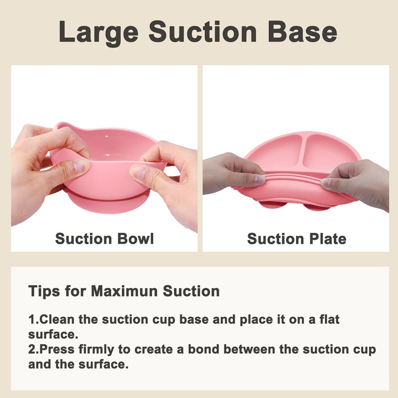 Munlinder Silicone Baby Feeding Set | Baby Led Weaning Supplies Includes Suction Bowls and Divided Plates, Adjustable Bib, Baby Utensils Spoons and Forks,Cup | Baby Feeding Essentials (Pink) - Image 4